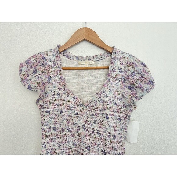 LOVESHACKFANCY Floral Smocked Mini Dress Puff Sleeve Asymmetric Ruffle Coquette - Picture 7 of 13